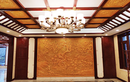 定远中式别墅客厅中式木作横梁吊顶装饰展示